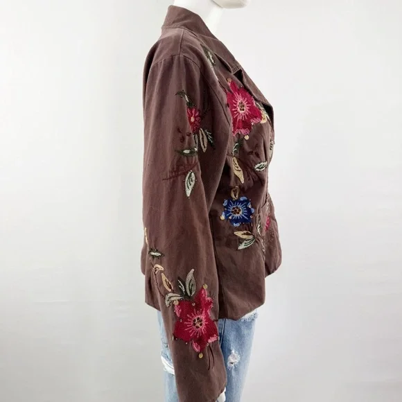 Passports Brown Beaded Jacket Size XL Floral Embroidery V-Neck Boho Artsy Casual - Picture 9 of 12